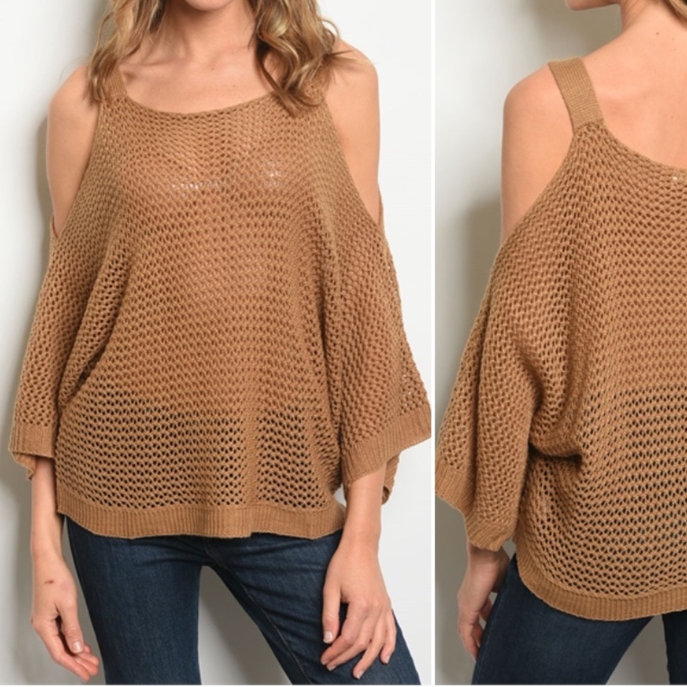 Taupe Long sleeve cold shoulder knit sweater top. - Picture 1 of 3